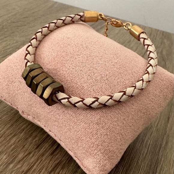 Half United Brass Honeycomb & White Worn Braided Leather Adjustable bracelet GUC - Picture 7 of 10